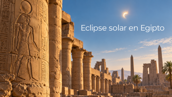 Eclipse solar sobre columnas y obeliscos del antiguo Egipto en Lúxor.