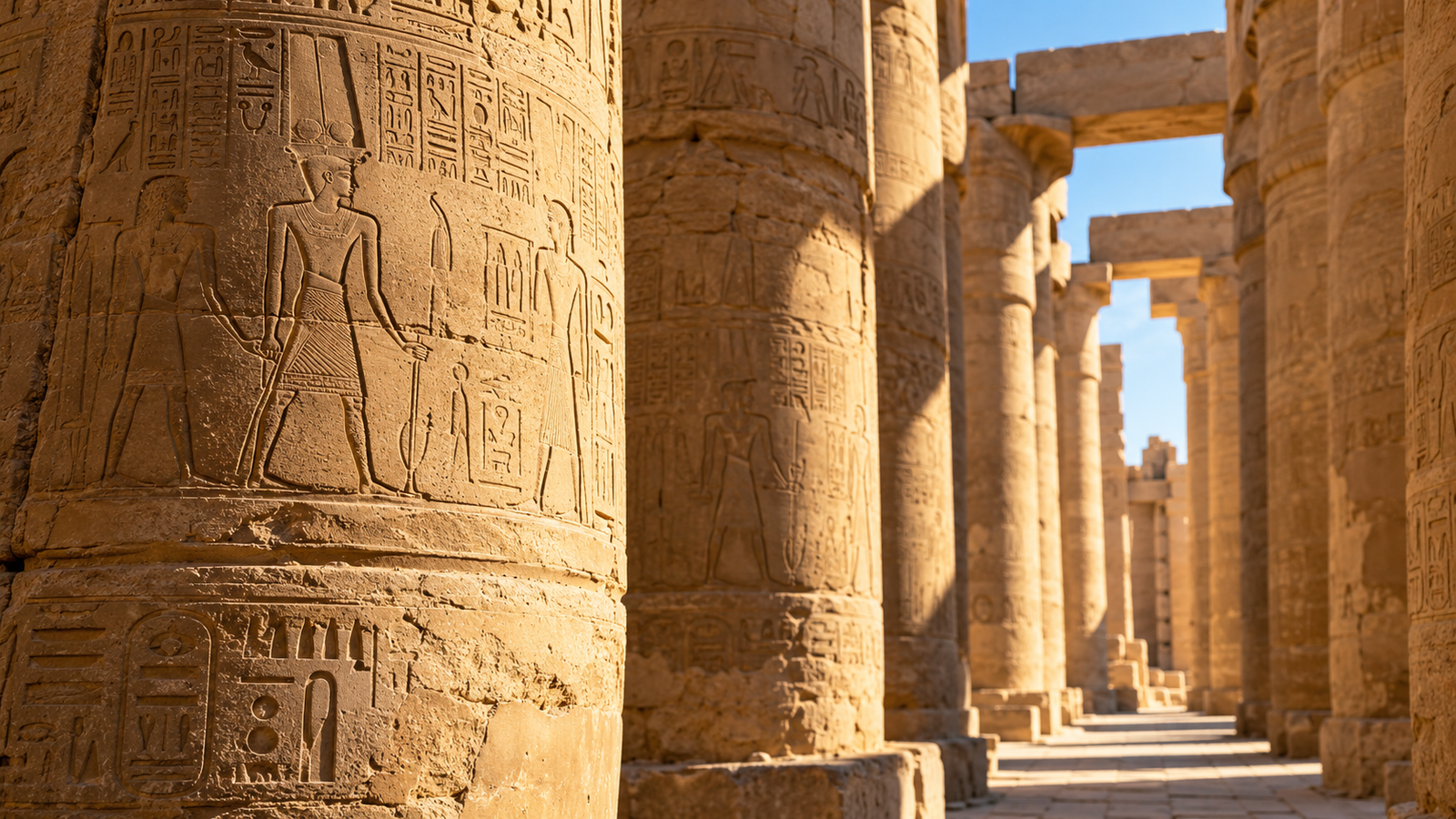 Columnas de arenisca y relieves del templo de Karnak en Lúxor.